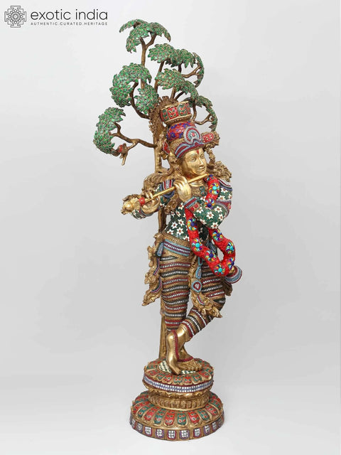 58" Large Tribhanga Murari Krishna with The Kadamba Tree Behind Him | Brass Statue with Inlay Work