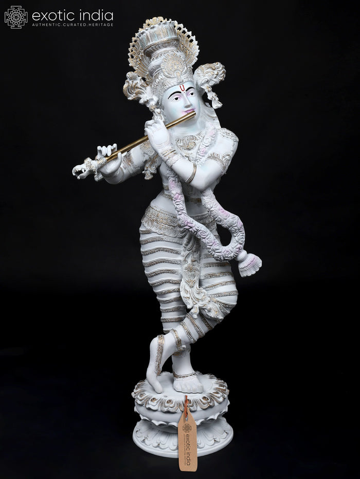 44" Superfine Graceful Lord Krishna Playing Flute | Large Size Hand-Painted Brass Statue