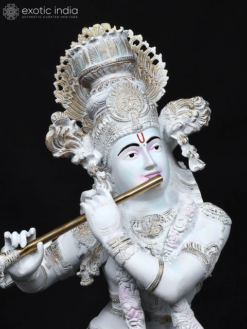 44" Superfine Graceful Lord Krishna Playing Flute | Large Size Hand-Painted Brass Statue