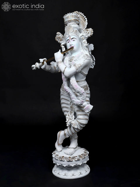 44" Superfine Graceful Lord Krishna Playing Flute | Large Size Hand-Painted Brass Statue