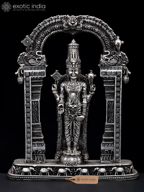 9" Silver Plated Brass Lord Tirupati Balaji Venkateshvara Statue on Kirtimukha Throne