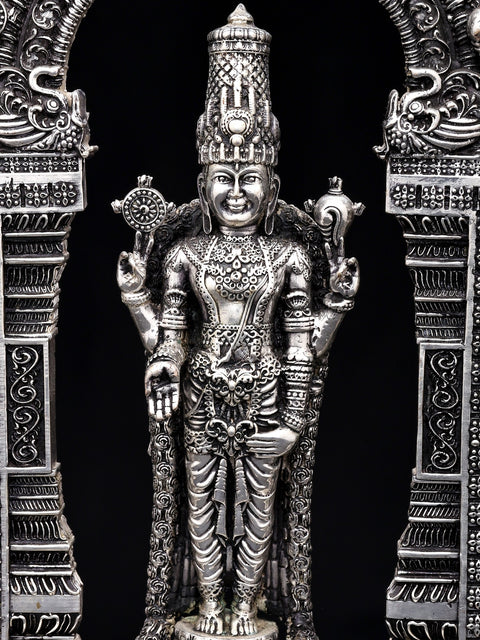 9" Superfine Lord Tirupati Balaji (Venkateshvara) on Kirtimukha Throne | Silver Plated Brass Statue