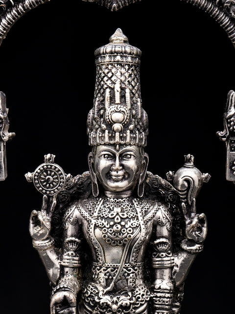 9" Superfine Lord Tirupati Balaji (Venkateshvara) on Kirtimukha Throne | Silver Plated Brass Statue