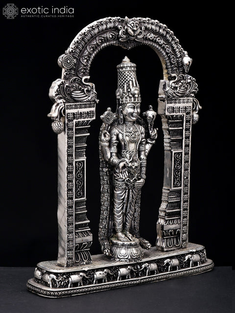 9" Superfine Lord Tirupati Balaji (Venkateshvara) on Kirtimukha Throne | Silver Plated Brass Statue