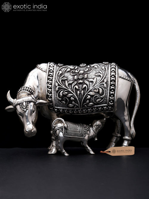 8" Silver Plated Brass Cow and Calf Statue
