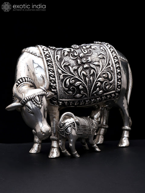 8" Superfine Cow and Calf | Silver Plated Brass Statue