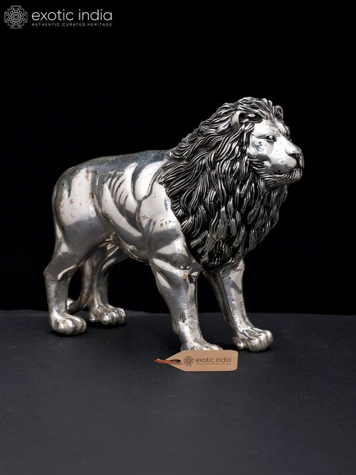 6" Handmade Silver Plated Brass Lion Statue for Table Decor