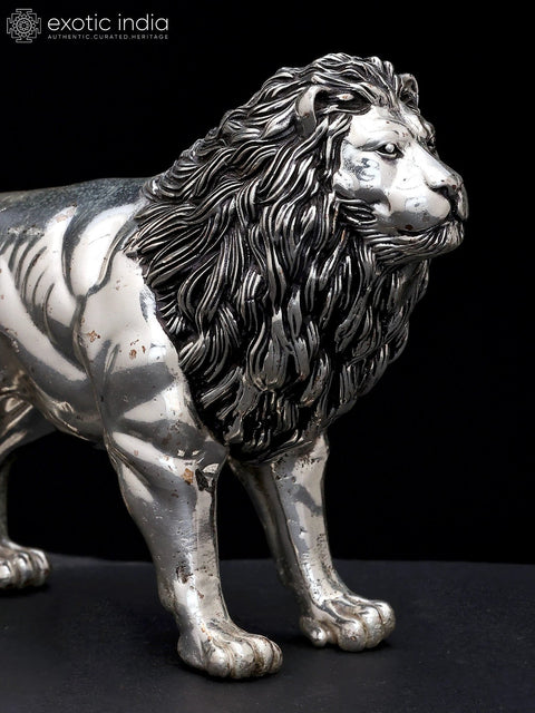 6" Superfine Lion Figurine | Table Decor | Silver Plated Brass Statue