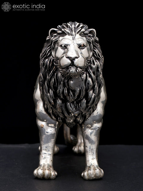 6" Superfine Lion Figurine | Table Decor | Silver Plated Brass Statue