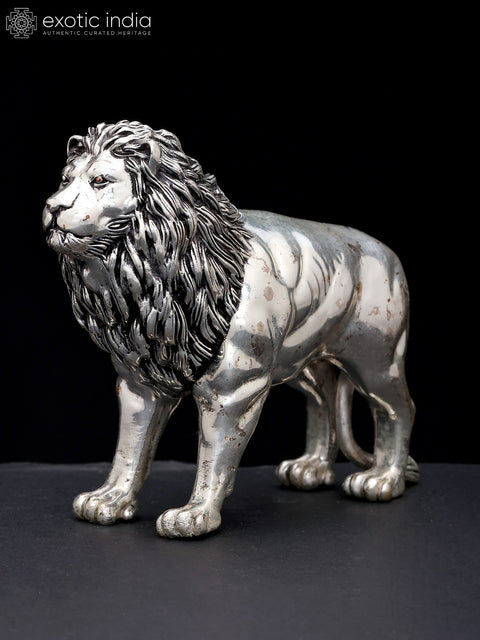6" Superfine Lion Figurine | Table Decor | Silver Plated Brass Statue