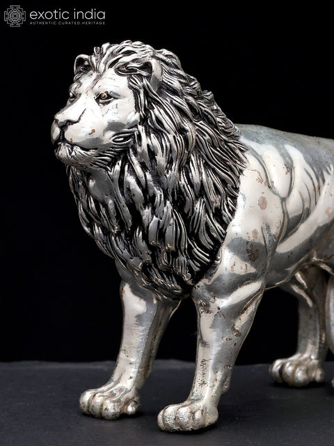 6" Superfine Lion Figurine | Table Decor | Silver Plated Brass Statue