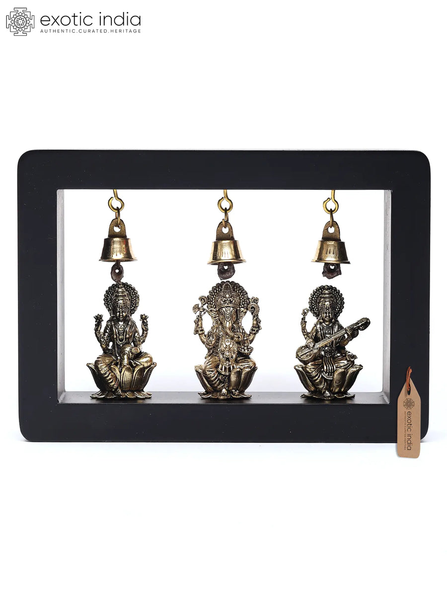 7" Handmade Brass Wall Hanging Lakshmi Ganesha Saraswati with Bells