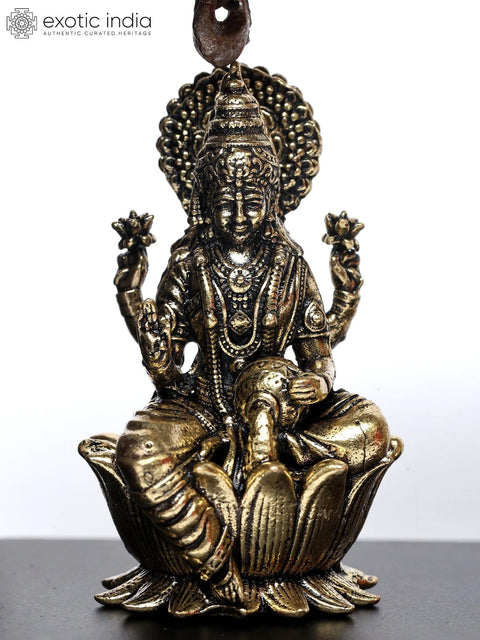 7" Wood Carved Lakshmi Ganesha Saraswati in Brass with Bells | Wall Hanging