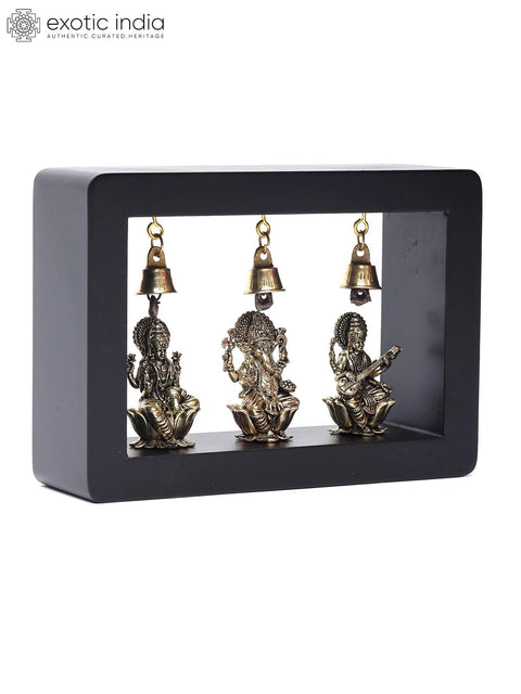 7" Wood Carved Lakshmi Ganesha Saraswati in Brass with Bells | Wall Hanging
