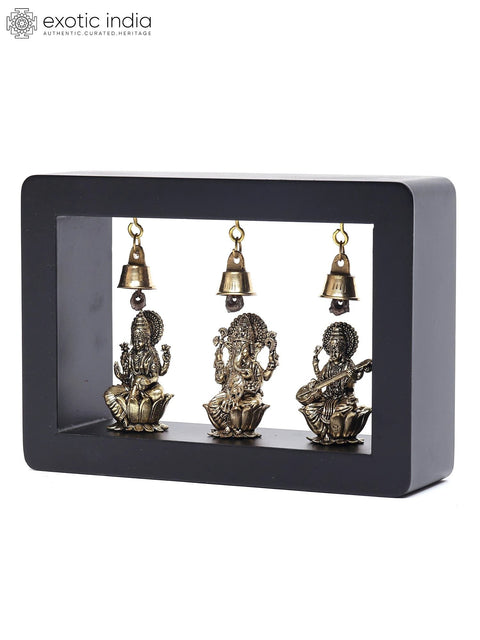 7" Wood Carved Lakshmi Ganesha Saraswati in Brass with Bells | Wall Hanging