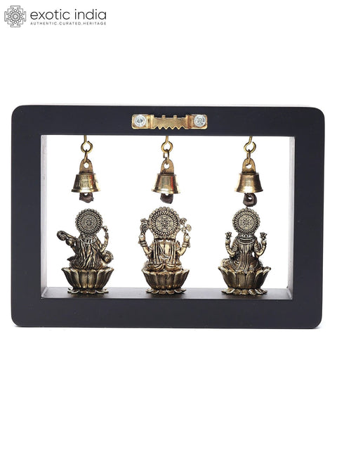 7" Wood Carved Lakshmi Ganesha Saraswati in Brass with Bells | Wall Hanging