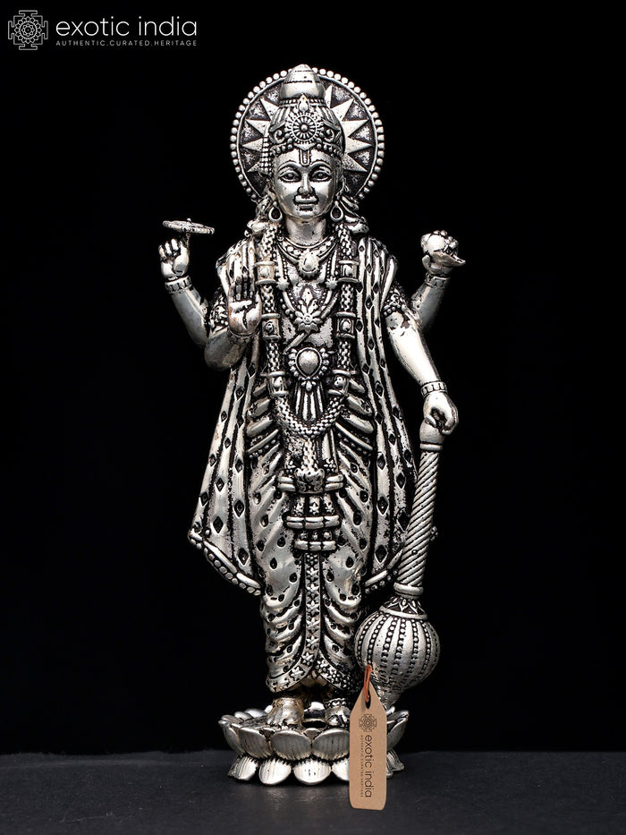 5" Standing Lord Vishnu Blessing Gesture Silver Plated Brass Statue