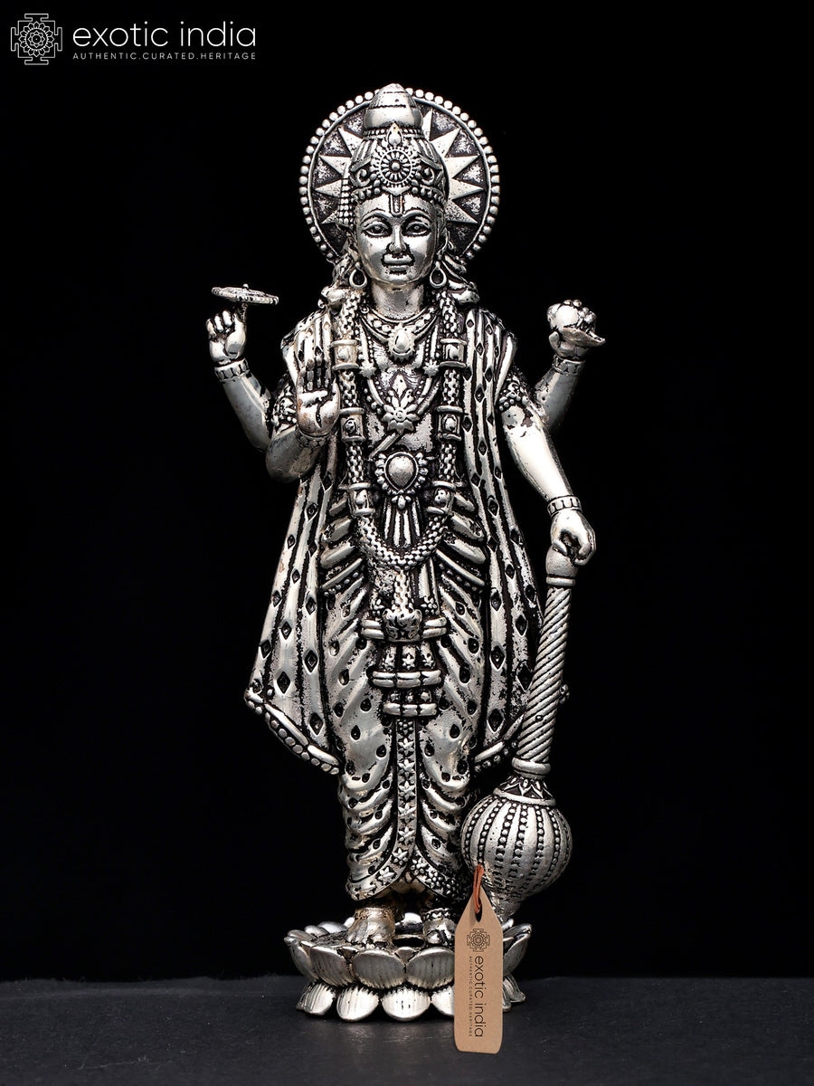 5" Standing Lord Vishnu Blessing Gesture Silver Plated Brass Statue