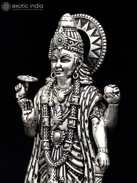 5" Small Superfine Standing Lord Vishnu in Blessing Gesture | Silver Plated Brass Statue