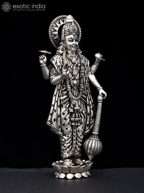5" Small Superfine Standing Lord Vishnu in Blessing Gesture | Silver Plated Brass Statue