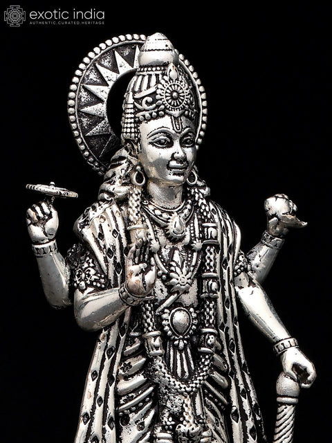 5" Small Superfine Standing Lord Vishnu in Blessing Gesture | Silver Plated Brass Statue