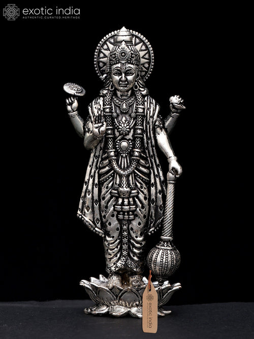 4" Silver Plated Brass Vishnu Statue in Blessing Gesture