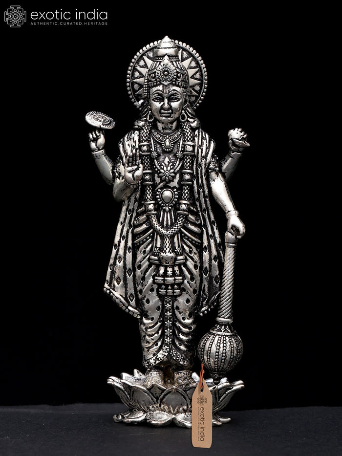 4" Silver Plated Brass Vishnu Statue in Blessing Gesture