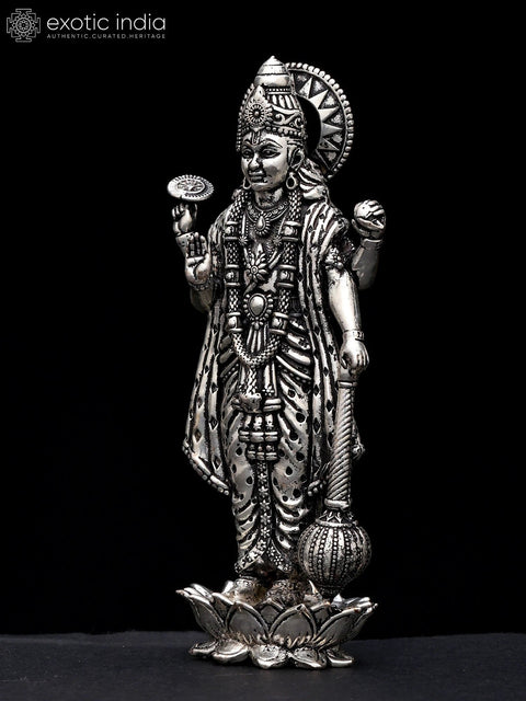 4" Small Superfine Standing Bhagawan Narayan (Vishnu) in Blessing Gesture | Silver Plated Brass Statue