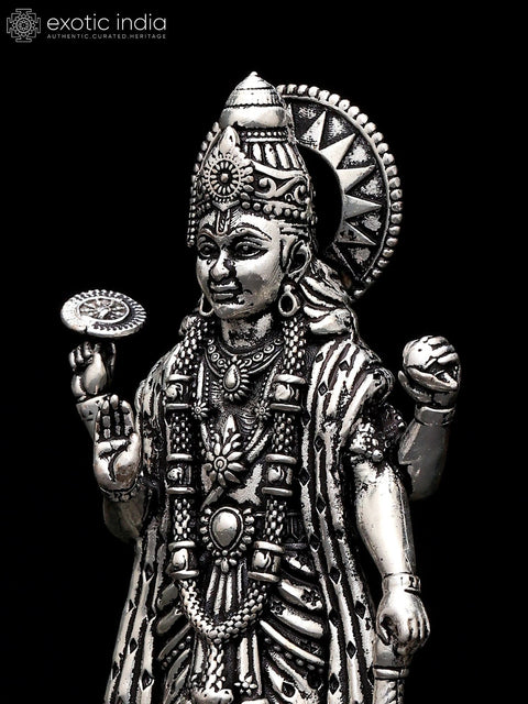 4" Small Superfine Standing Bhagawan Narayan (Vishnu) in Blessing Gesture | Silver Plated Brass Statue