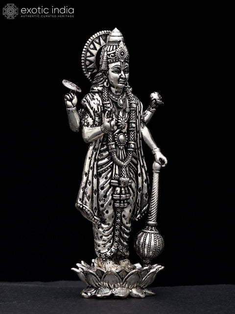 4" Small Superfine Standing Bhagawan Narayan (Vishnu) in Blessing Gesture | Silver Plated Brass Statue