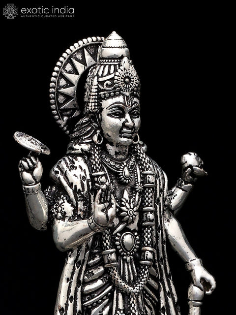 4" Small Superfine Standing Bhagawan Narayan (Vishnu) in Blessing Gesture | Silver Plated Brass Statue