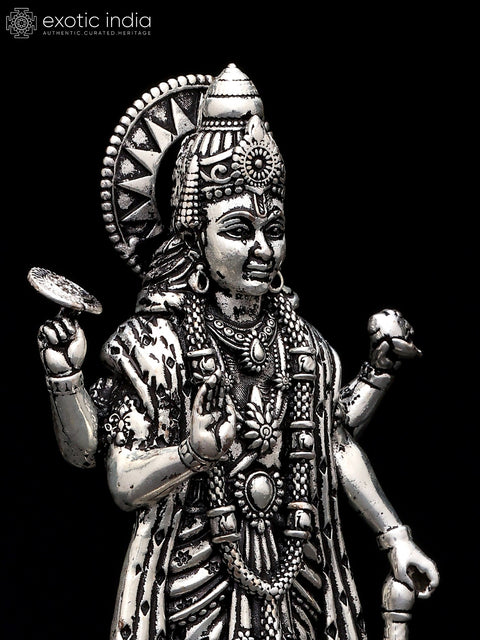 4" Small Superfine Standing Bhagawan Narayan (Vishnu) in Blessing Gesture | Silver Plated Brass Statue