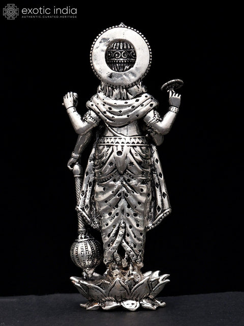 4" Small Superfine Standing Bhagawan Narayan (Vishnu) in Blessing Gesture | Silver Plated Brass Statue