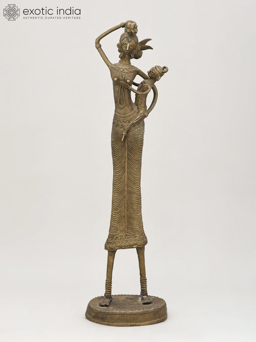 17" Tribal Mother with Child Brass Statue Home Decor
