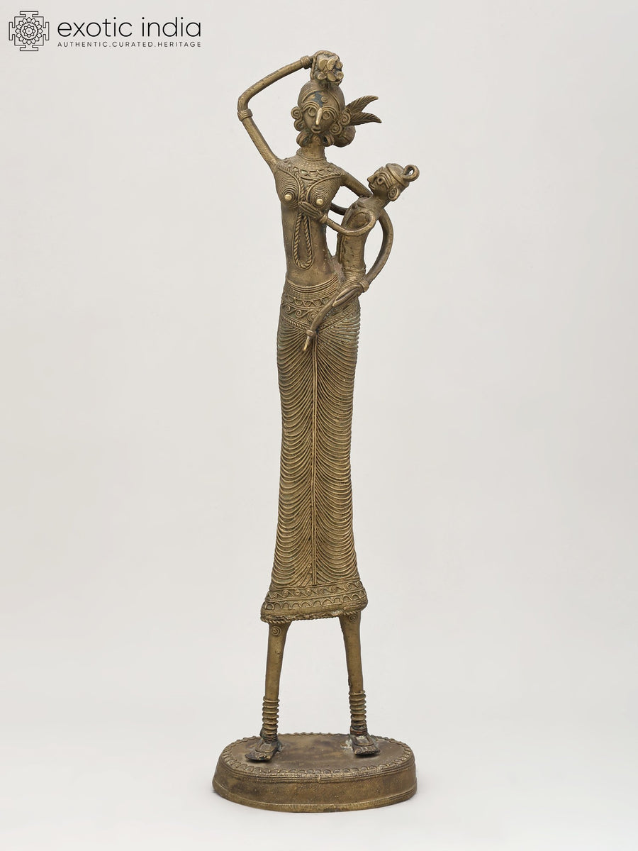 17" Tribal Mother with Child Brass Statue Home Decor