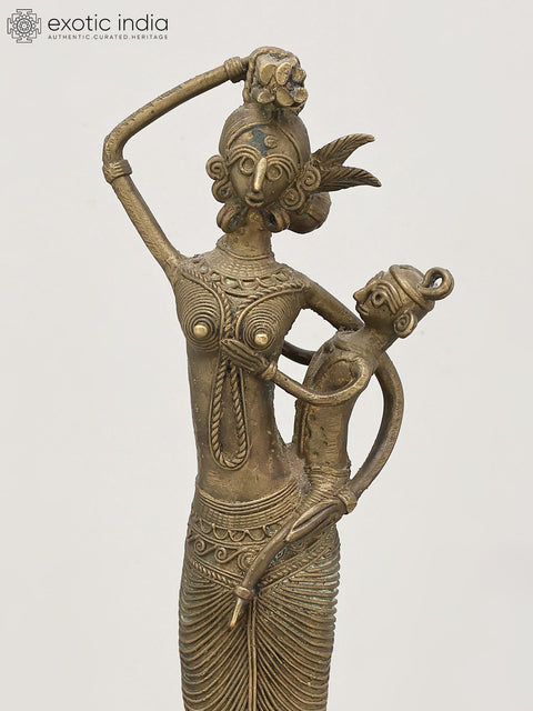 17" Tribal Working Mother with Child | Brass Statue | Table Decor