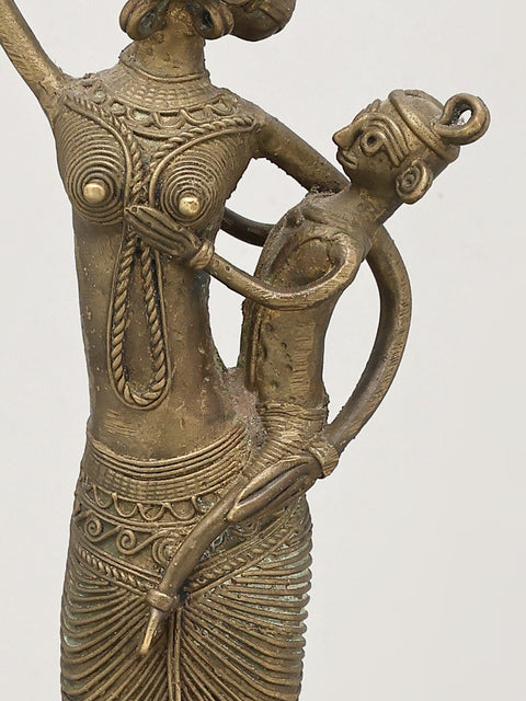 17" Tribal Working Mother with Child | Brass Statue | Table Decor