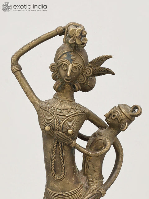 17" Tribal Working Mother with Child | Brass Statue | Table Decor