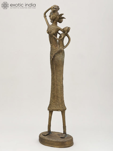 17" Tribal Working Mother with Child | Brass Statue | Table Decor