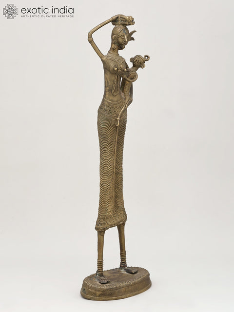 17" Tribal Working Mother with Child | Brass Statue | Table Decor