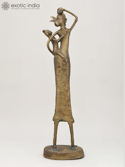 17" Tribal Working Mother with Child | Brass Statue | Table Decor