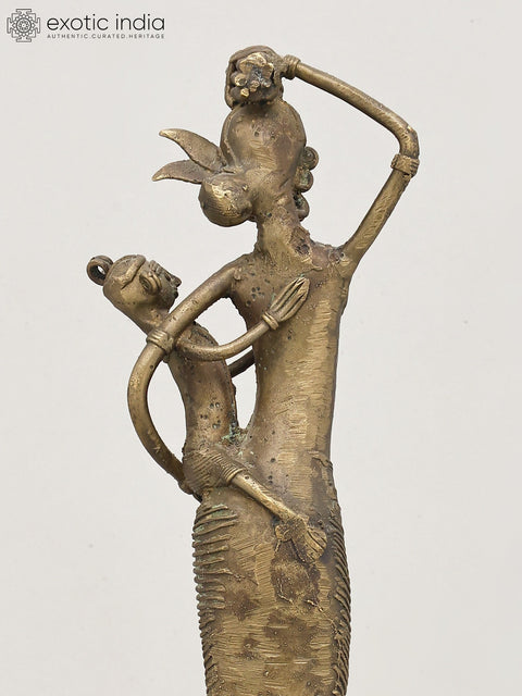 17" Tribal Working Mother with Child | Brass Statue | Table Decor