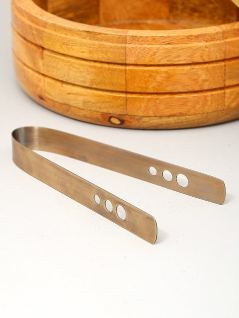 9" Wooden Chapati Box with Brass Lid and Kitchen Tong