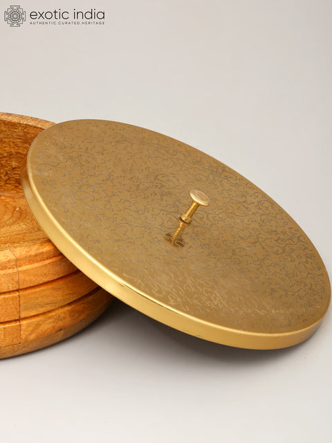 9" Wooden Chapati Box with Brass Lid and Kitchen Tong