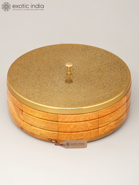 9" Wooden Chapati Box with Brass Lid and Kitchen Tong