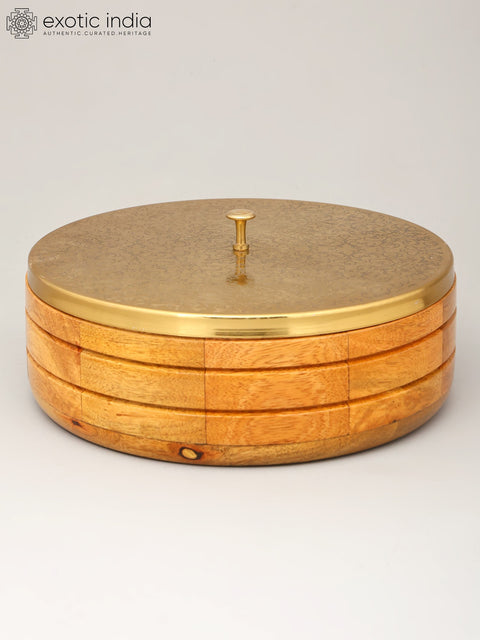 9" Wooden Chapati Box with Brass Lid and Kitchen Tong
