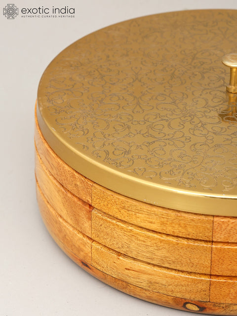 9" Wooden Chapati Box with Brass Lid and Kitchen Tong