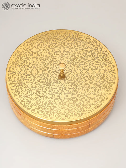 9" Wooden Chapati Box with Brass Lid and Kitchen Tong