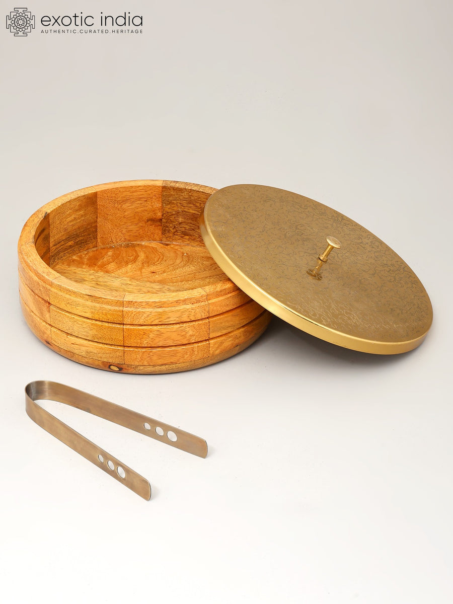 9" Wooden Chapati Box with Brass Lid and Kitchen Tong Set