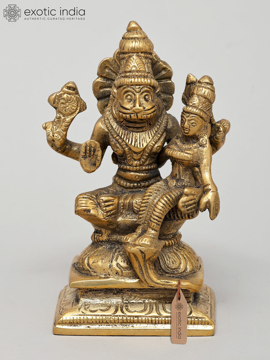 4" Lord Narasimha with Lakshmi Handmade Brass Statue